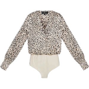 Dilena fashion Bodysuit stocking blouse panter print licht beige satijn