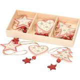 Set van 6x witte houten kersthangers sterren, hartjes, kerstboompjes 10 cm - kerstboomversiering / kerstornamenten