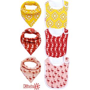 KliederZ® slabbetjes combi set 6 stuks | Bandana kwijl puntslabben +  eetslabben organisch katoen | WATERPROOF fleece laag | baby en peuter slabbers verstelbaar | Hippe puntsjaaltjes flamingo zeepaard roze rood geel meisjes | 4 mnd tot 4 jaar