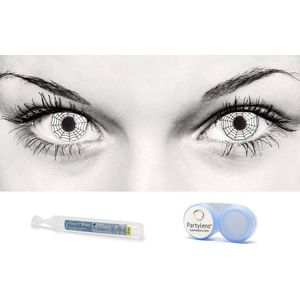 Partylens® set kleurlenzen - White Spider - jaarlenzen met vloeistof en lenshouder - partylenzen wit