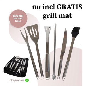 BBQ Accesoires  set- 9-Delige Set BBQ Gereedschap - RVS - Inclusief Gratis BBQ Grill Mat en Opbergtas - cadeau geschenk
