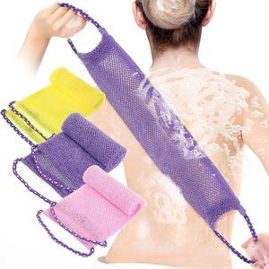 3 stuks Afrikaanse exfoliërende netsponzen, exfoliërende rugscrubber voor de douche, lange Afrikaanse netwashand, doucheluffa, stoffen rugscrubber voor vrouwen en mannen (paars, roze en geel)