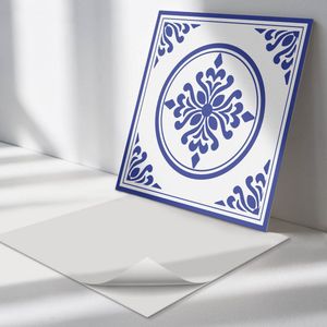 Wallfluent Vinyl Wandpaneel - Patroon met cirkels en bloemen Zelfklevende Wandbekleding - 50 cm x 50 cm - Blauw Vinyl Wandpaneel - 4 stuks - Vierkant Wandbekleding Vinyl - Texturen Wandpaneel - Wandpaneel PVC - Wandpaneel Keuken en Badkamer