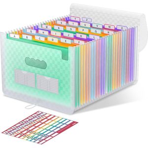 Accordeon-ordner, 26 vakken, uitbreidbare map met uitbreidbaar deksel/draagbare bureau-documentenbox, A4-formaat, accordeon-papier, gekleurde opbergbox (groen)