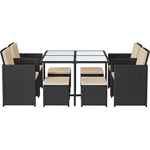 Tuinmeubelset - Eettafel en Stoelen - Set van 9 - Terras - Salontafel met Glazen Oppervlak - Bruin Beige