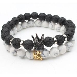 Kralen Armband met Kroon - Wit Marmer / Lava - Armbanden Heren Dames - Cadeau voor Man - Mannen Cadeautjes Accesoires