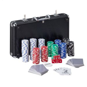 Relaxdays Poker set 300 Poker Chips - Pokerkoffer - Texas Hold'em - 5 Dobbelstenen - Zwart