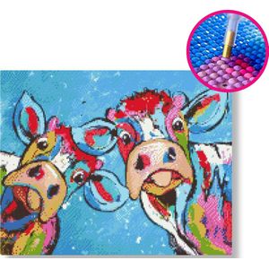 De 2 vrolijke koeien | Diamond painting | 40x50cm | Vierkante steentjes | Los canvas | Vrolijk Schilderij | Corrie Leushuis
