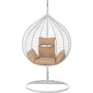 Aemely Hangstoel Cosy - beige stof - frame wit - Hangstoel met standaard - Hangstoel voor binnen - Hangstoel voor buiten - Egg hangstoel - Hangstoel cocoon - Incl. Kussens - Ei stoel - Eistoel