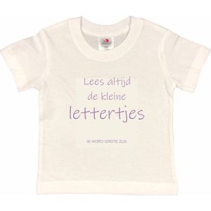 Shirt Aankondiging zwangerschap ""Lees altijd de kleine lettertjes (ik word grote zus)"" | korte mouw | Wit/lila | maat 134/140 zwangerschap aankondiging bekendmaking Baby big bro Sis Sister