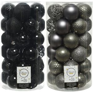 74x stuks kunststof kerstballen mix zwart en antraciet grijs 6 cm - Onbreekbare kerstballen - Kerstversiering
