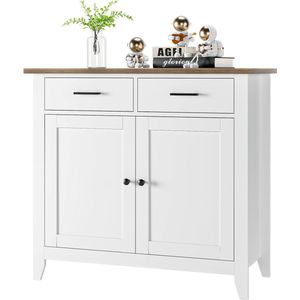 Keukenkast met werkblad, dressoir met 2 laden en 2 deuren, buffetkast voor keuken, woonkamer, eetkamer, hal, hout, landhuisstijl HMTM-059