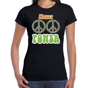 Toppers Jaren 60 Flower Power verkleed shirt zwart met peace tekens dames - Sixties/jaren 60 kleding XL