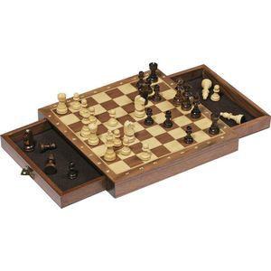 Houten magnetisch schaakbord met schaakstukken en lades 25 x 25 cm - Schaakspel - Schaken