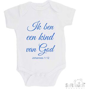 100% katoenen Romper ""Ik ben een kind van God Johannes 1:12"" Jongens Katoen Wit/blauw Maat 56/62