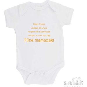 100% katoenen Romper ""Relax Mama Vergeet de afwas Vergeet het huishouden Morgen is weer een dag FIJNE MAMADAG!"" Moederdag Unisex Katoen Wit/mosterd Maat 56/62