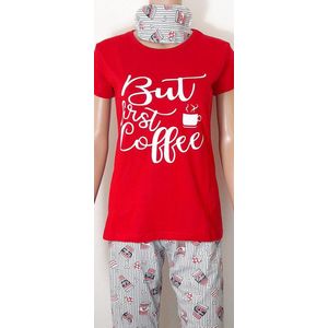 Dames pyjama volwassenen vrouw comfortabele pyjama korte mouw set 3 delig rood lente/zomer pyjama dames nachtkleding katoen but first coffee maat S/M