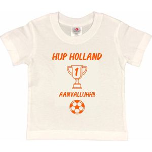 T-shirt Kinderen ""Hup Holland AANVALLUH!!"" EK Voetbal Europees Kampioen Kampioenschap Oranje | korte mouw | Wit/oranje | maat 122/128