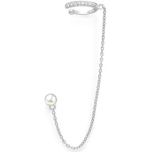 EAR IT UP - Ear cuff met ketting en oorbel - Zoetwaterparel - Gerhodineerd zilver - Zirkonia - Pavézetting - 14 x 76 mm - 1 stuk