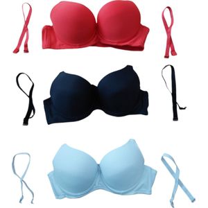 Dames - Push UP BH - Set van 3 - Strapless - Voorgevormd - Merk Caralino - Kleur Zwart/Wit/Rood - Halter BH - Kruislings - Met bandjes - Maat 70C