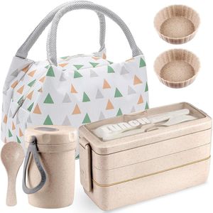 Lunchbox voor volwassenen, broodtrommel en drinkfles, tassenset, broodtrommel voor kinderen met 3 vakken, Japans lekvrij Bento Box, magnetronbestendig, kaki