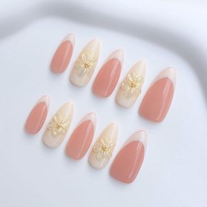 Handgemaakt Press-on Nails - Romige Witte French Tip met 3D Volger Middellange Almond Nagels - Blooming Elegance - Maat S