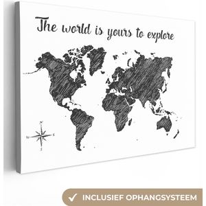 Canvas Wereldkaart - 150x100 - Wanddecoratie Wereldkaart - Quote - Zwart - Wit