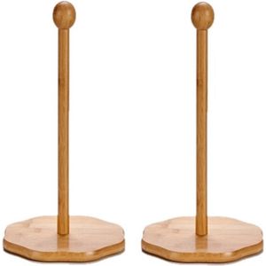 2x stuks bamboe houten keukenrolhouders rond 18 x 35 cm - Keukenpapier/keukenrol houders van hout