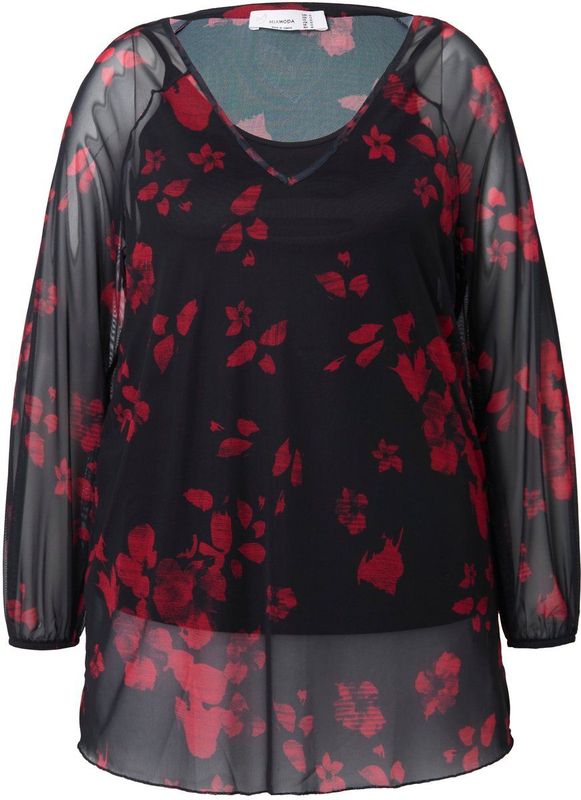 MIAMODA - Dames - Blouse mesh bloemenprint wijde lange mouwen - Zwart - Maat 42