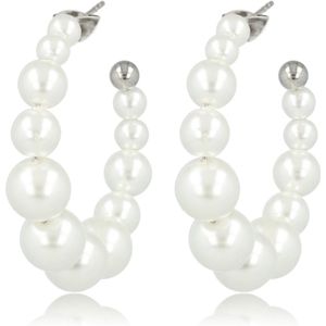 My Bendel - 30 mm grote witte pareloorbellen - edelstaal - Zilverkleurige Oorringen met Grote Witte Parels - 30mm Staal - Met luxe cadeauverpakking