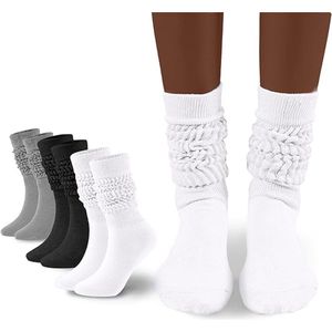 Daity Dames slouchkousen, geplooide kousen, zachte kniekousen, dames gelaagde dijkousen, 3-pack (wit, zwart, grijs)