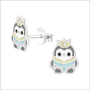 Aramat jewels ® - Aramat jewels -kinder oorbellen pinguïn 925 zilver emaille kristal 9x7mm