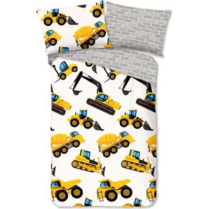 Cheqo® Dekbedovertrek voor Kinderen - 140x200 cm - Graafmachines Print - Geel - 1 Persoons - 100% Katoen Flanel