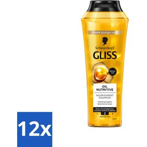 12 x Gliss - Shampoo - Oil Nutritive - Voor Voedend en Zijdezacht Haar - 250 ml - Glans Shampoo - Voedende Shampoo - Droog Haar Shampoo - Haarverzorging - Haar Conditioner