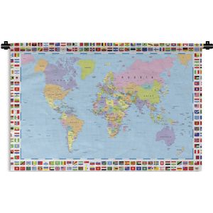 Wandkleed - Wanddoek - Wereldkaart - Vlag - Atlas - 150x100 cm - Wandtapijt