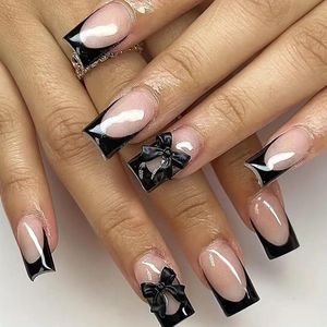 24 Stuks Zwarte French Press On Nagels - Vierkante Kunstnagels Met Strik - Lijm-op Nagels - Nepnageltips - Kunstnagels - Nepnagels