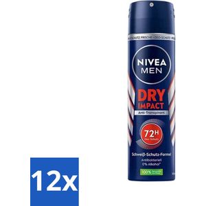 12 x Nivea - Men - Deo Spray - Dry Impact - 48 Uur Lang Werkend - 150 ml - NIVEA MEN Deodorant - Anti-transpirant - 48 Uur Bescherming - Deodorant Spray - Mannelijke Geur