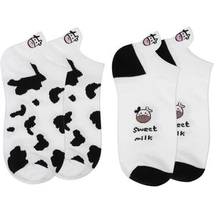 Set van 2 paar damessokken met koeienpatroon - schattige en grappige diersokken - korte sokken met zoete melk en koeienvlekken