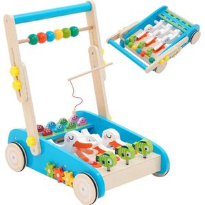 Houten Loopwagen - met Hengelspeelgoed - Houten Speelgoed - Babywalker Looptrainer - Verstelbaar en Inklapbaar