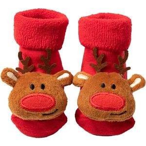 Babyslofjes Kerst - Rood met Rendieren - maat 0 tot 12 maanden - Baby Sokjes met antislip