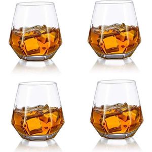 Whiskey glazen set van 4 - Diamant patroon - 300 ml - Modern design - Bourbon rum bar tumbler