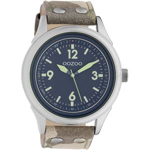 OOZOO Timepieces - Zilverkleurige horloge met camouflage leren band - C10353