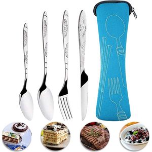 4-Delige Roestvrij Staal Gehamerd Bestek Set - Draagbaar Lichtgewicht Duurzaam Servies - Voor Thuis/Kantoor/Feest/Camping .