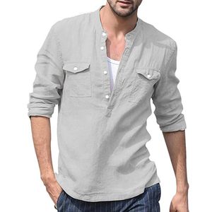 LVCBL Heren Katoen Linnen Shirt Herfst Winter Heren Overhemd Lange Mouwen Regular Fit Casual Shirt Lichtgrijs XXL
