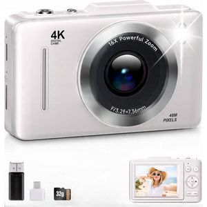 Digitale Camera - Mini 4K 48MP (32GB Geheugen) - Anti-Shake + 16x Zoom - Wit
