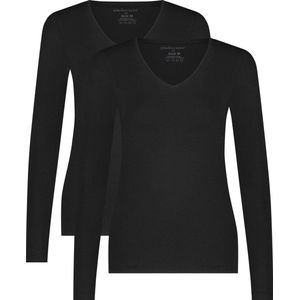Comfortabel & Zijdezacht Bamboo Basics Liv - Bamboe T-Shirts V-Hals (Multipack 2 stuks) Dames - Lange Mouwen - Zwart - M
