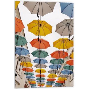 Forex - Gekleurde Paraplu's Geel/Oranje/Blauw - 60x90cm Foto op Forex