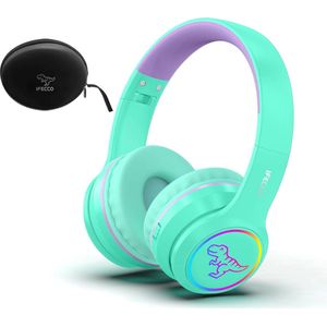 StayPowered Kinder Bluetooth Hoofdtelefoon - Perfect voor School & Reis - Veilig Volumeniveau - Heldere Geluidskwaliteit - met LED - Draadloos & Bekabeld - Versterkt Materiaal - Lange Batterijduur - Groen/Paars - Levering Sneller dan Aangegeven!