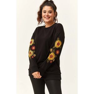 Dames Plus Size Lange Sweatshirt met Bloemenborduursels op de Mouwen 2XL - Grote Maat XXL