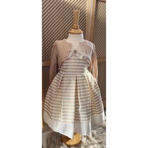 luxe feestjurk met jas en tasje-vintage jurk met broche-bruiloft-foto-verjaardag-doopsel-streepjes-creme beige goud kleur-katoen- 1 tem 2 jaar maat 92